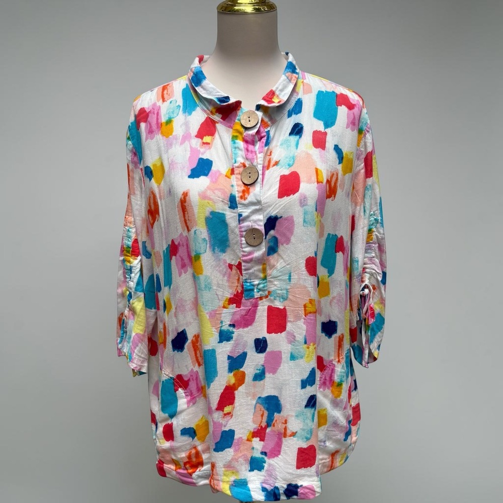 John‎ Mark Tunic Blouse Large Multicolor Abstract Brushstroke Linen Blend Artsy